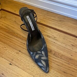 Manolo Blahnik Blue and Silver Embroidered Heels, Size 38